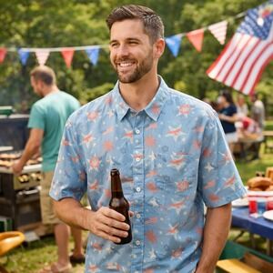 Tipsy Elves Mens XXL Blue Patriotic Hawaiian Shirt American Flag Eagle Stars BBQ